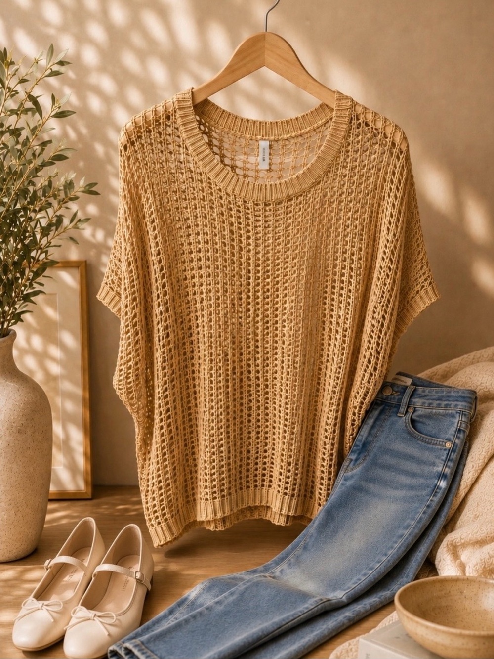 Open-Knit Short Sleeve Sweater - Camel